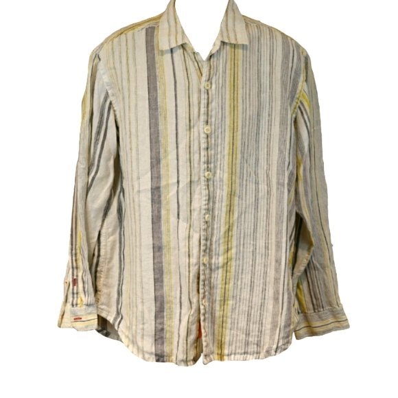 Tommy Bahama Relaxed Linen Shirt Large Yellow Gray Striped Button Down - Picture 1 of 10